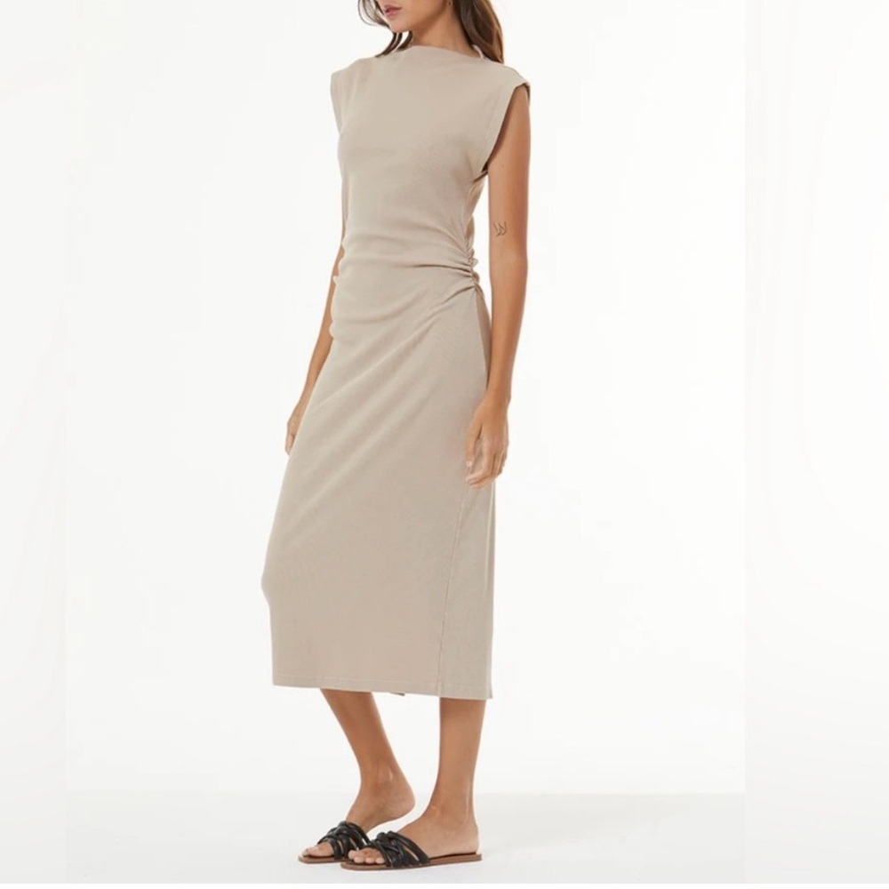 YFB Young Fabulous & Broke Jodie Bodycon Ruched Midi Tank Beige Midi Dress